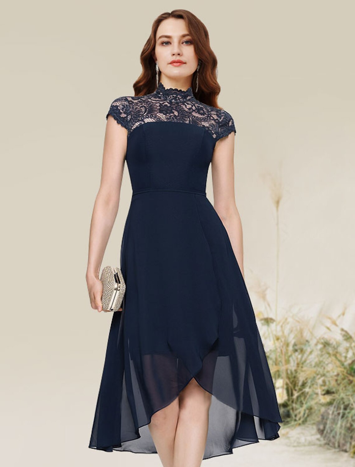 Abiti da cocktail a trapezio, abito civettuolo, abito da cerimonia per invitati a nozze, asimmetrico, senza maniche, scollo gioiello, in chiffon con inserto in pizzo